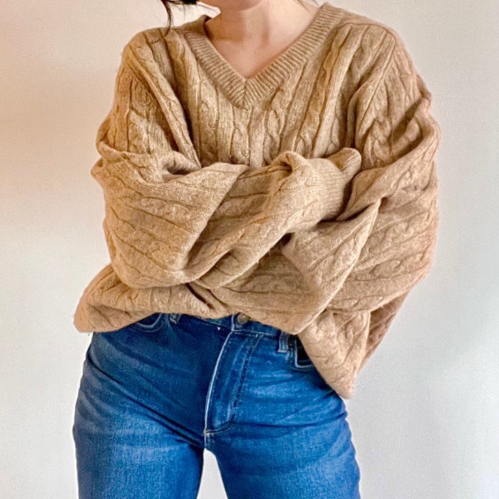 Boutique Slouchy‎ Women's M/L Long Sleeve Tan Beige Knit Wide Crop Sweater